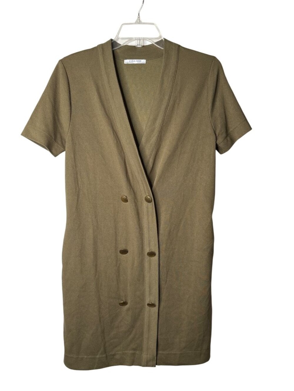 Zara Trafaluc Faux Button Front Mini Shirt Dress Size S Deep V Neck Green
